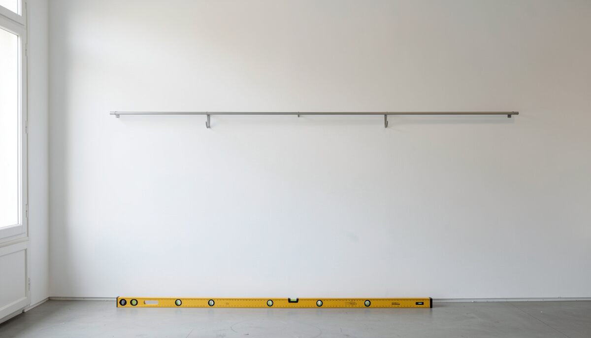 Mur blanc nu d'une salle d'exposition portant un rail d'accrochage en métal fixé par des équerres, niveau à bulle jaune posé au sol contre la plinthe, sol gris clair, lumière rasante venant d'une porte vitrée à gauche, aucun tableau.