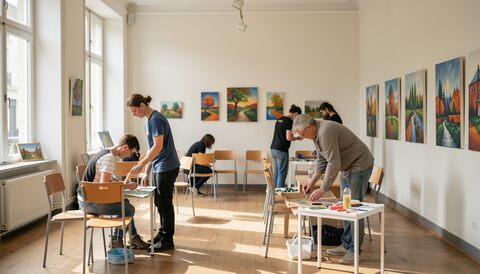 Participants debout devant des tables de travail dans une salle blanche très éclairée, godets et pinceaux posés sur les tables, toiles colorées accrochées au mur du fond, jour entrant par de hautes fenêtres.