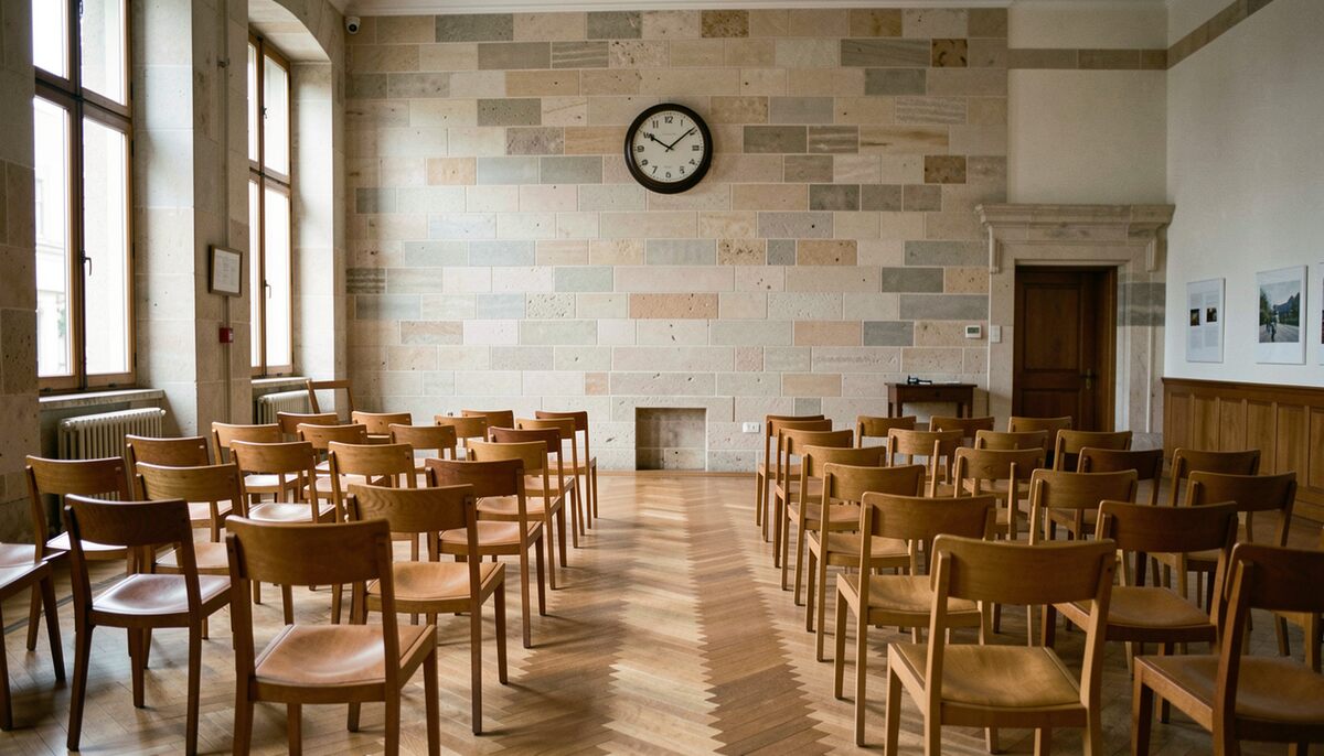 Salle municipale vide entre deux rendez-vous : rangs de chaises de bois clair sur un parquet à chevrons, mur de pierre blonde portant une horloge ronde, portes de bois au fond, lumière basse entrant par les fenêtres de gauche, aucun public.