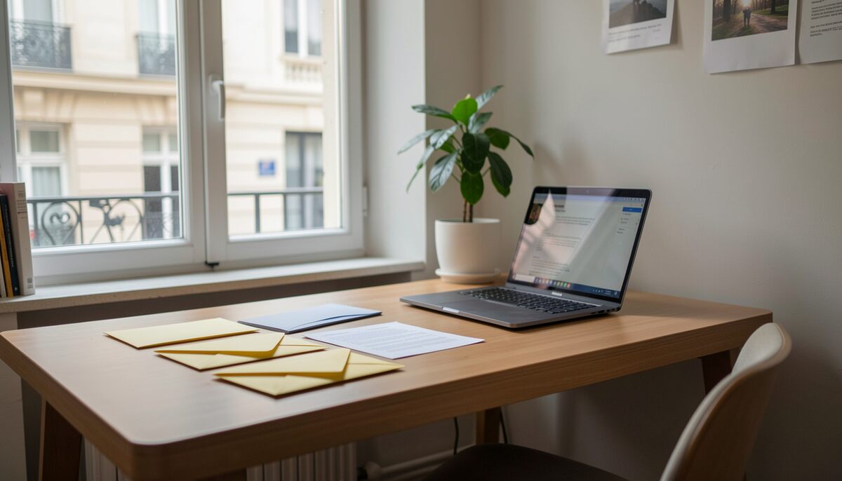 Bureau de bois clair sous une fenêtre, ordinateur portable ouvert au centre, trois chemises jaunes posées à plat à gauche, plante verte en pot à droite, façades de ville visibles par la vitre.