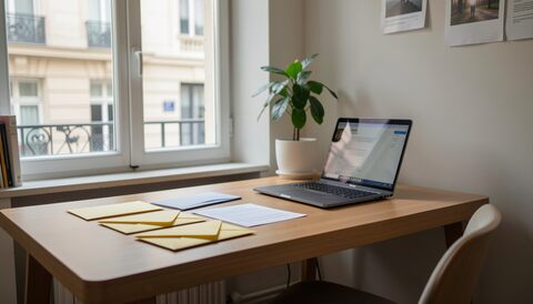 Bureau de bois clair sous une fenêtre, ordinateur portable ouvert au centre, trois chemises jaunes posées à plat à gauche, plante verte en pot à droite, façades de ville visibles par la vitre.