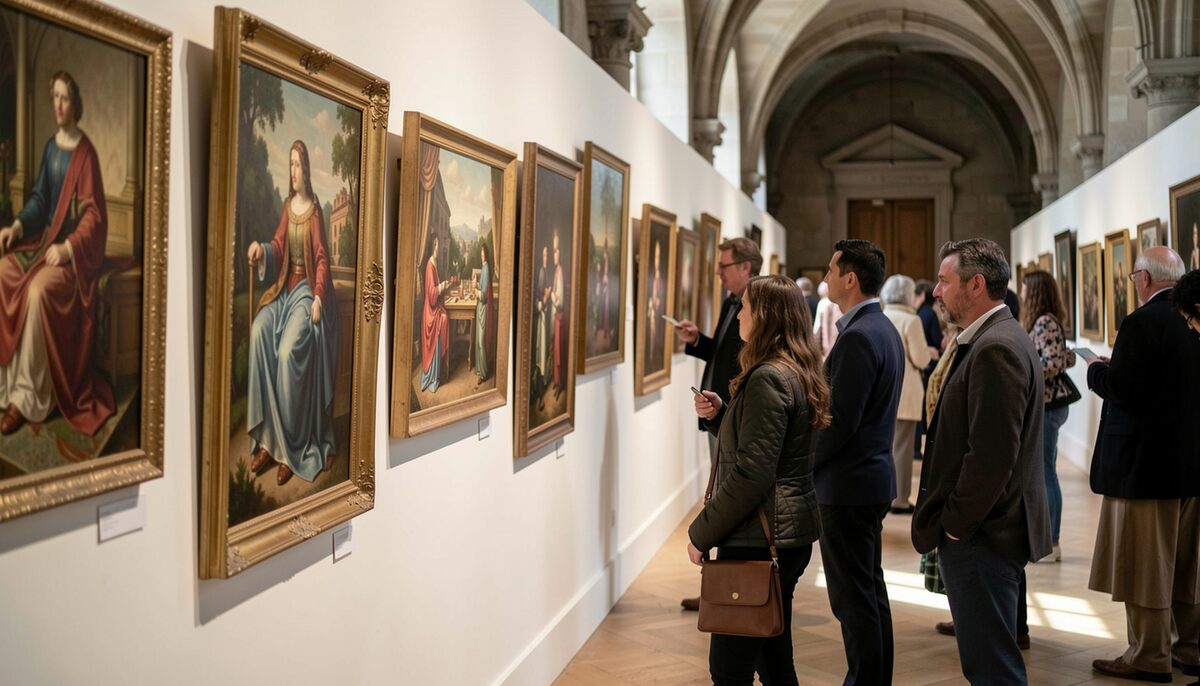 Visiteurs arrêtés devant une enfilade de grands tableaux anciens encadrés, cimaise claire continue, porte voûtée au fond, parquet de bois, lumière mixte entre éclairage dirigé et jour tombant.
