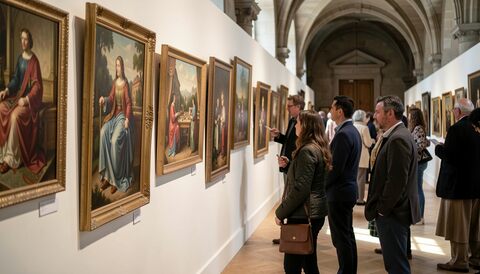 Visiteurs arrêtés devant une enfilade de grands tableaux anciens encadrés, cimaise claire continue, porte voûtée au fond, parquet de bois, lumière mixte entre éclairage dirigé et jour tombant.