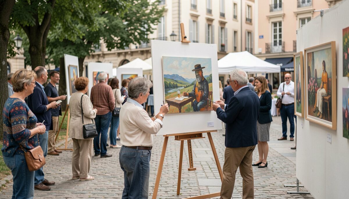 Rangée de tableaux encadrés présentés sur chevalets le long d'un trottoir, badauds penchés sur les toiles, arbres encore verts au-dessus, lumière d'après-midi tombant d'aplomb sur les cadres.