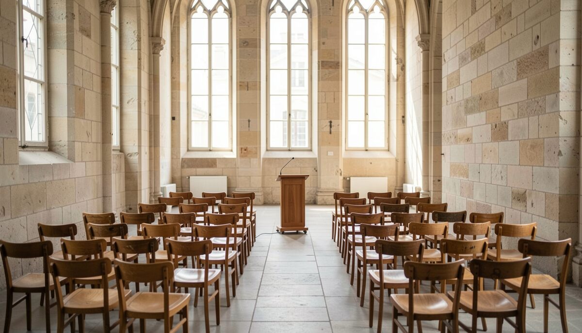 Rangées de chaises de bois vides face à un lutrin dans une salle de pierre, grandes fenêtres hautes à droite, dallage clair, lumière froide de début de matinée, aucun papier affiché aux murs.