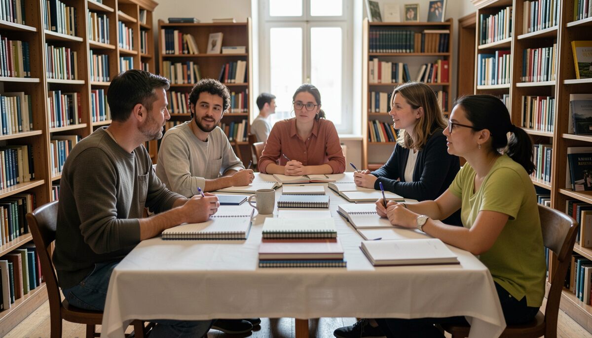 Lecteurs assis autour d'une longue table dans une bibliothèque, rayonnages garnis sur les deux murs, livres et cahiers ouverts devant chaque place, jour tombant d'une fenêtre du fond.