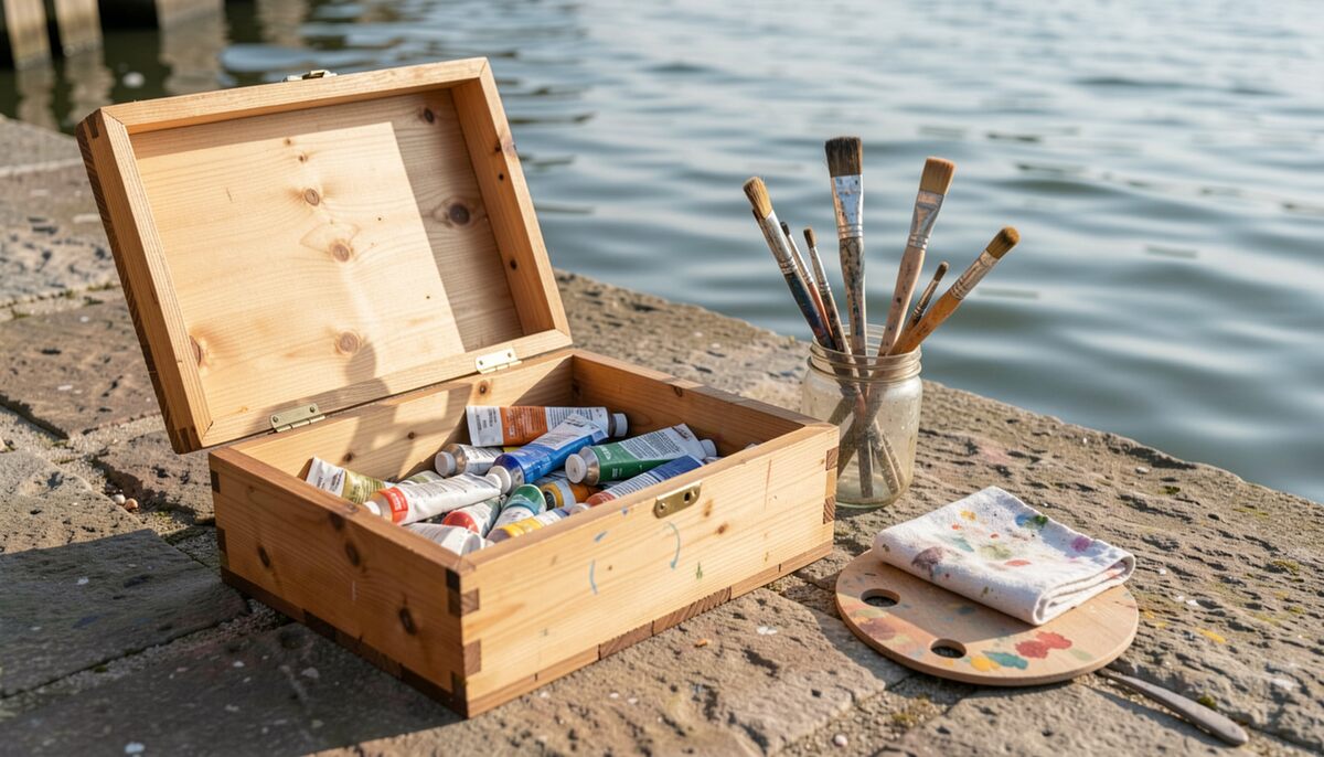 Boîte de bois ouverte sur un quai de pierre, garnie de tubes de couleur écrasés, pinceaux dressés dans un bocal de verre, palette ronde posée avec un chiffon taché à côté, eau claire derrière, lumière rasante du matin.