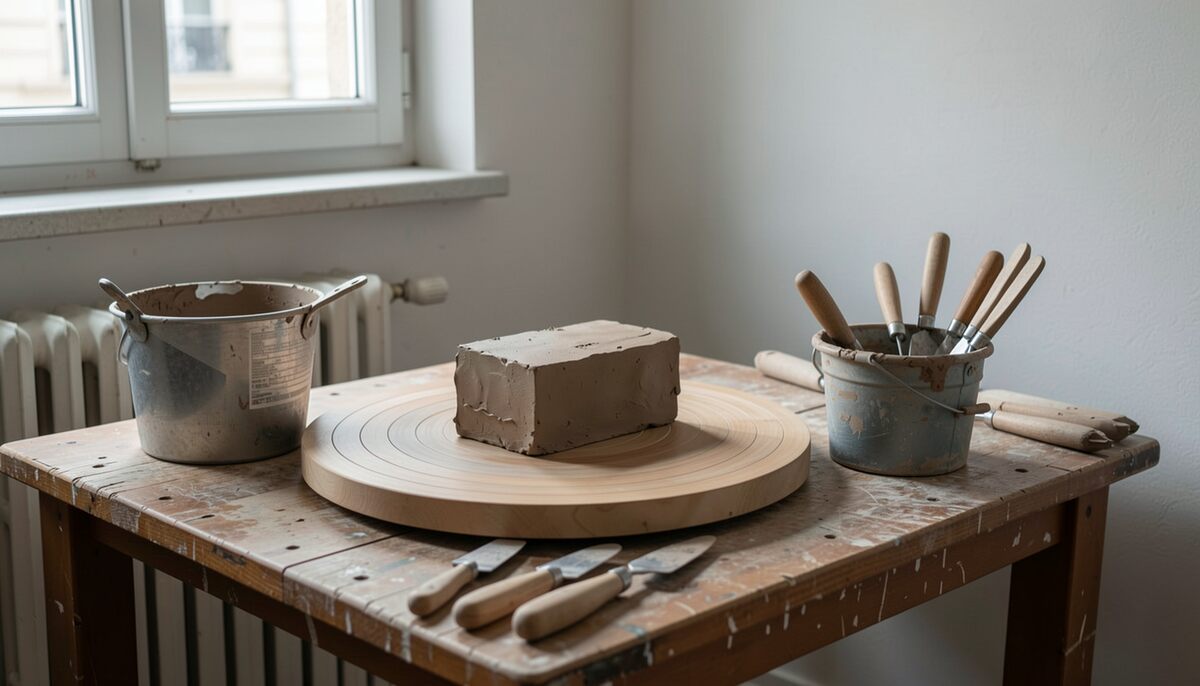 Établi d'atelier en bois usé portant un bloc de terre crue posé sur un tour de potier, seaux de métal tachés de plâtre de part et d'autre, ébauchoirs dressés dans un seau et posés à plat devant, lumière de fenêtre.
