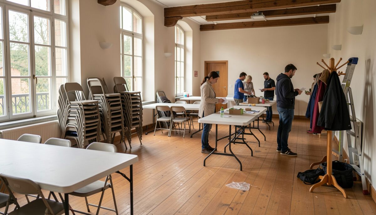 Grande salle municipale au parquet de bois en cours d'aménagement : chaises pliantes empilées le long des fenêtres, tables dépliées au centre, portemanteau garni de manteaux et escabeau contre le mur du fond, bénévoles debout entre les tables, lumière du matin par de hautes croisées.