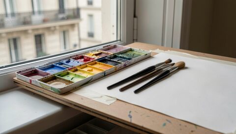 Boîte d'aquarelle en métal ouverte sur le rebord d'une fenêtre : godets de couleurs humides alignés, pinceaux posés sur une feuille de papier blanc maintenue par du ruban, façades claires de la ville visibles à travers la vitre, lumière douce.