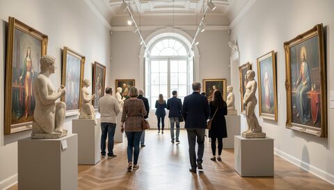 Visiteurs marchant entre des statues de marbre posées sur des socles et des tableaux anciens accrochés aux murs, grande baie vitrée au fond, parquet de bois, lumière zénithale diffuse.