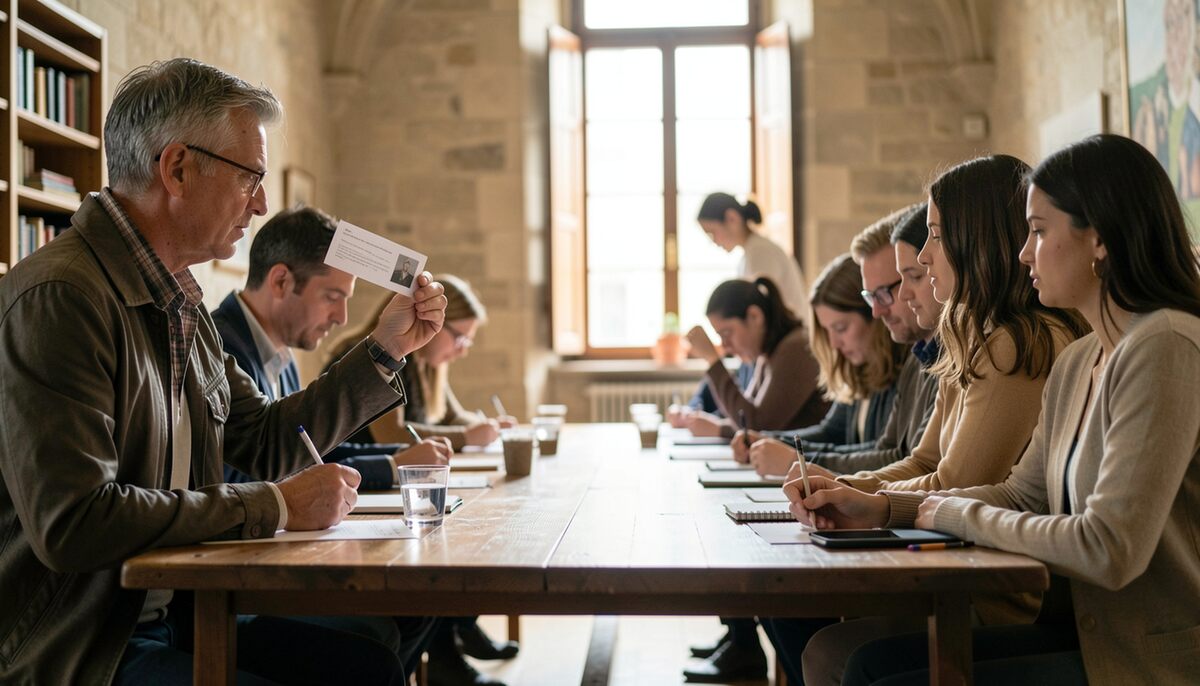 Homme debout tenant une feuille pliée face à une rangée de personnes assises le long d'une table de bois, murs de pierre et fenêtres hautes à droite, verres et carnets posés sur la table.