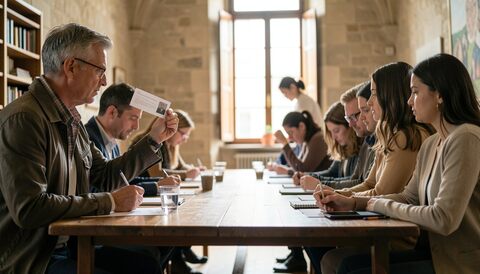 Homme debout tenant une feuille pliée face à une rangée de personnes assises le long d'une table de bois, murs de pierre et fenêtres hautes à droite, verres et carnets posés sur la table.