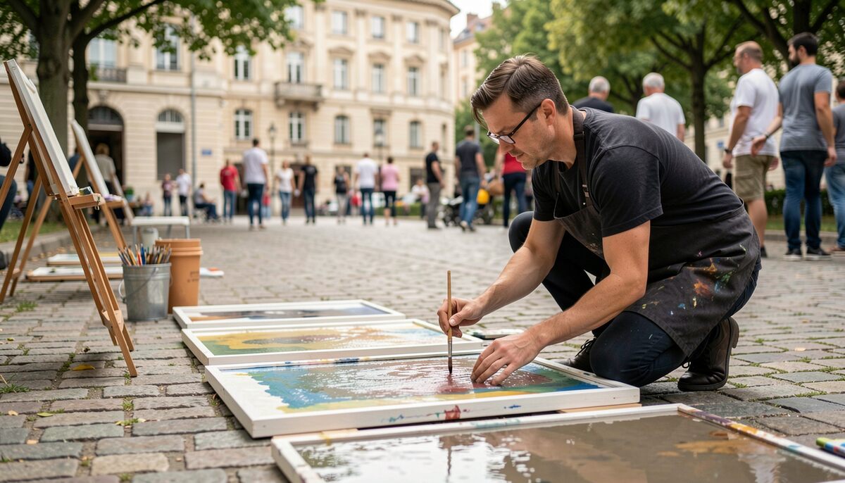 Peintre agenouillé sur un pavement de pierre, pinceau en main, travaillant une toile posée à plat au sol, chevalets et passants flous derrière lui, façades claires d'une place en arrière-plan.