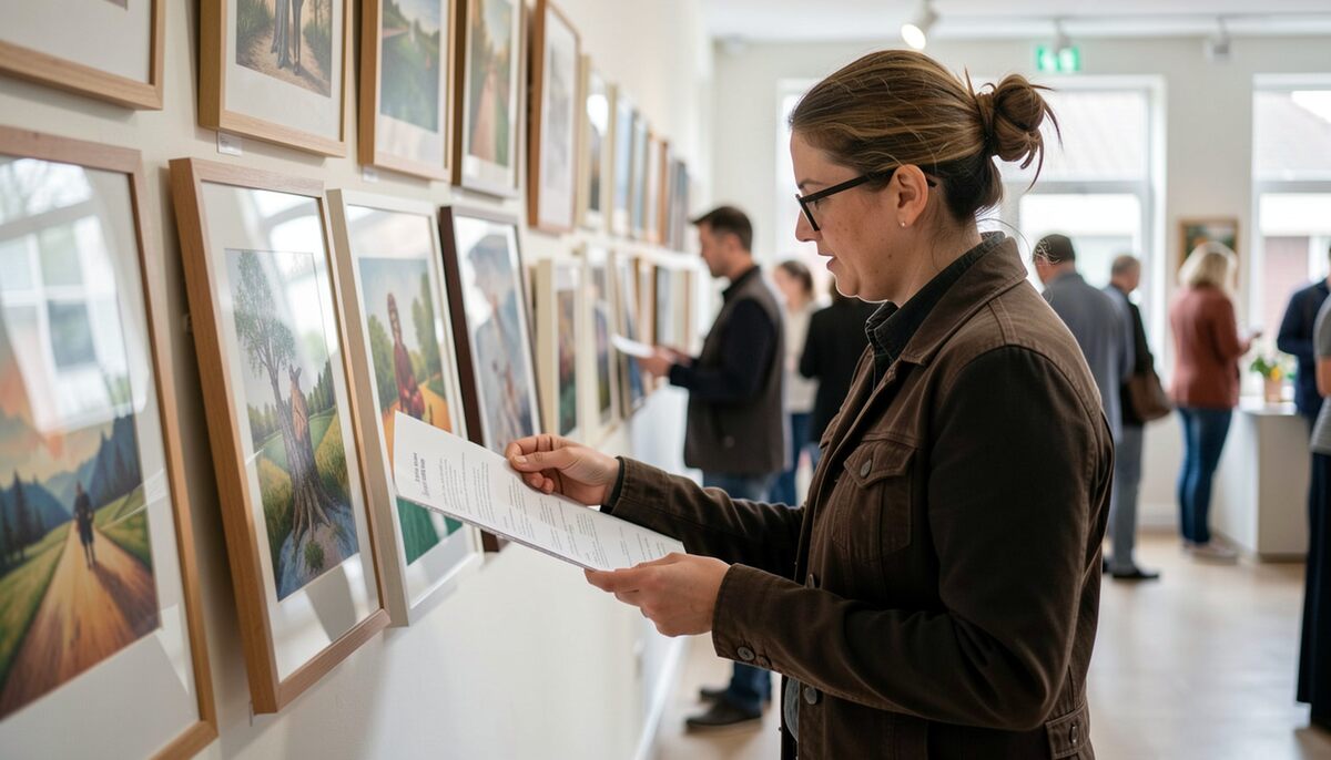 Visiteuse debout devant une rangée de tableaux encadrés appuyés contre un mur clair, feuille en main, autres visiteurs flous plus loin, parquet clair, lumière neutre de plafonniers.